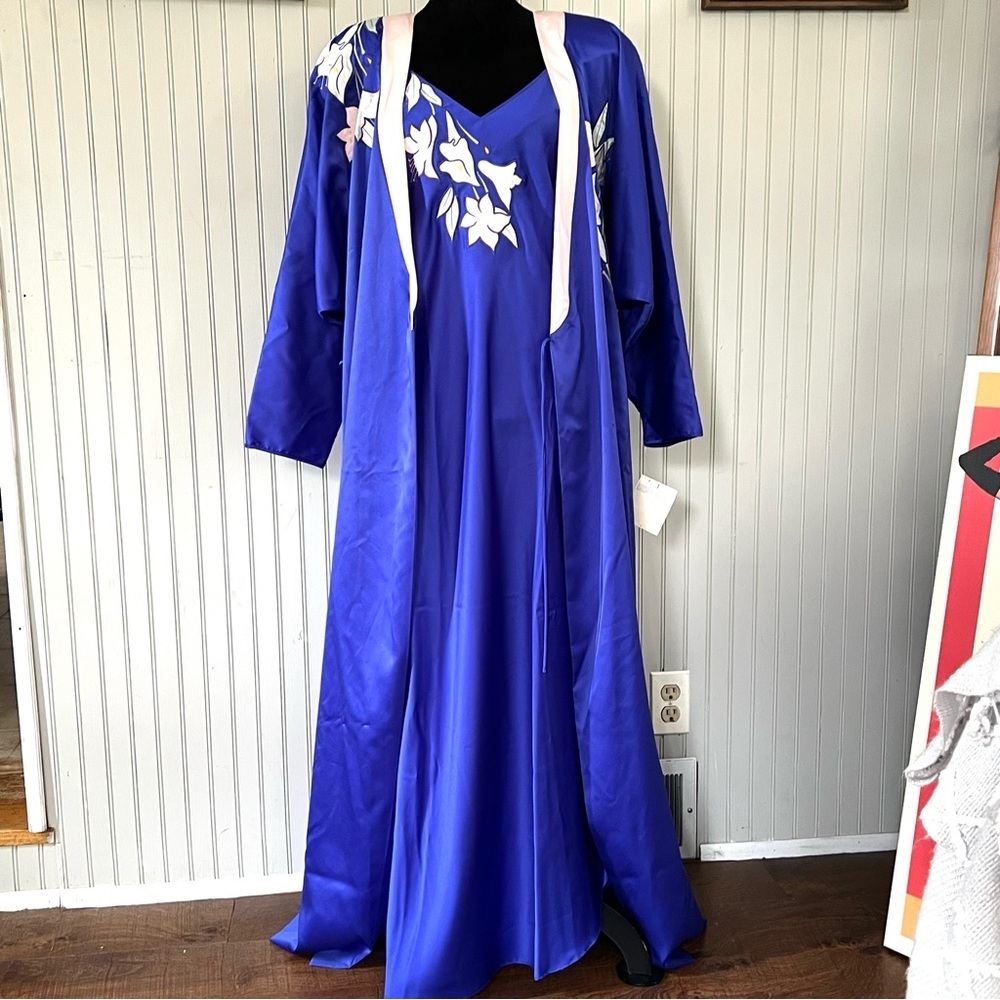 Natori for Bloomingdales Vintage Satin Blue Slipdress with Floral Appliqué